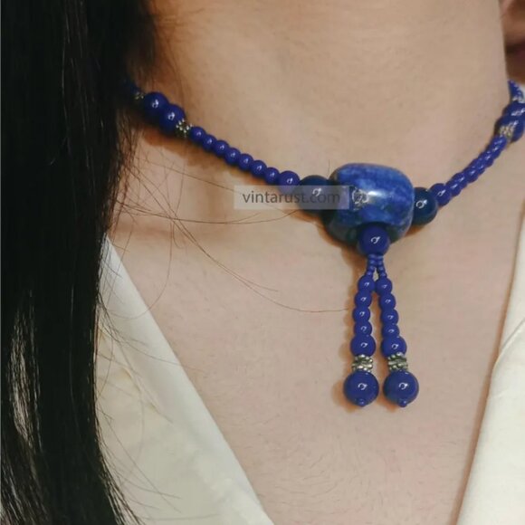 Handmade Lapis Blue Beaded Necklace with Tassel, Boho Statement Jewelry, Unique - Picture 1 of 5